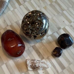 Assorted Polished Gemstone Lot - Red Carnelian, Pyrite Druzy, Dark Garnets